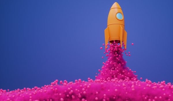 A stylized rocket launching in an abstract environment, surrounded by vibrant colors. 
As the rocket takes off, it emits pink smoke and spheres against a contrasting purple background. 
The rocket signifies the initiation and progress of startups, emerging cryptocurrencies, and new business establishments, representing the concept of growth and the potential of innovative ideas.