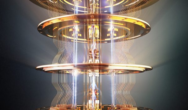 3D illustration of a working quantum computer with fictitious and realistic design elements combined. Quantum computing concept.
